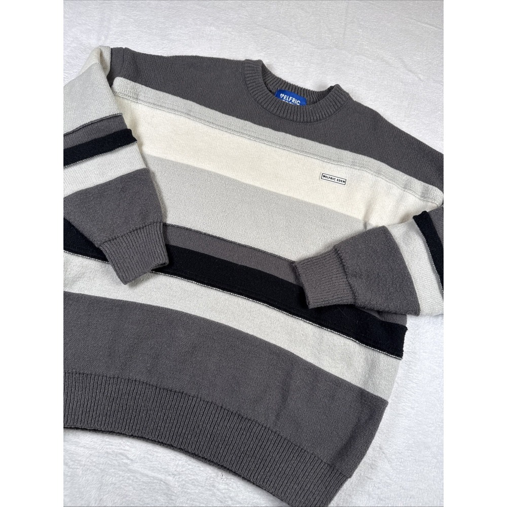 Aelfric Eden Sweater Mens Medium Gray, Khaki Colorblock Striped Badged Sweater